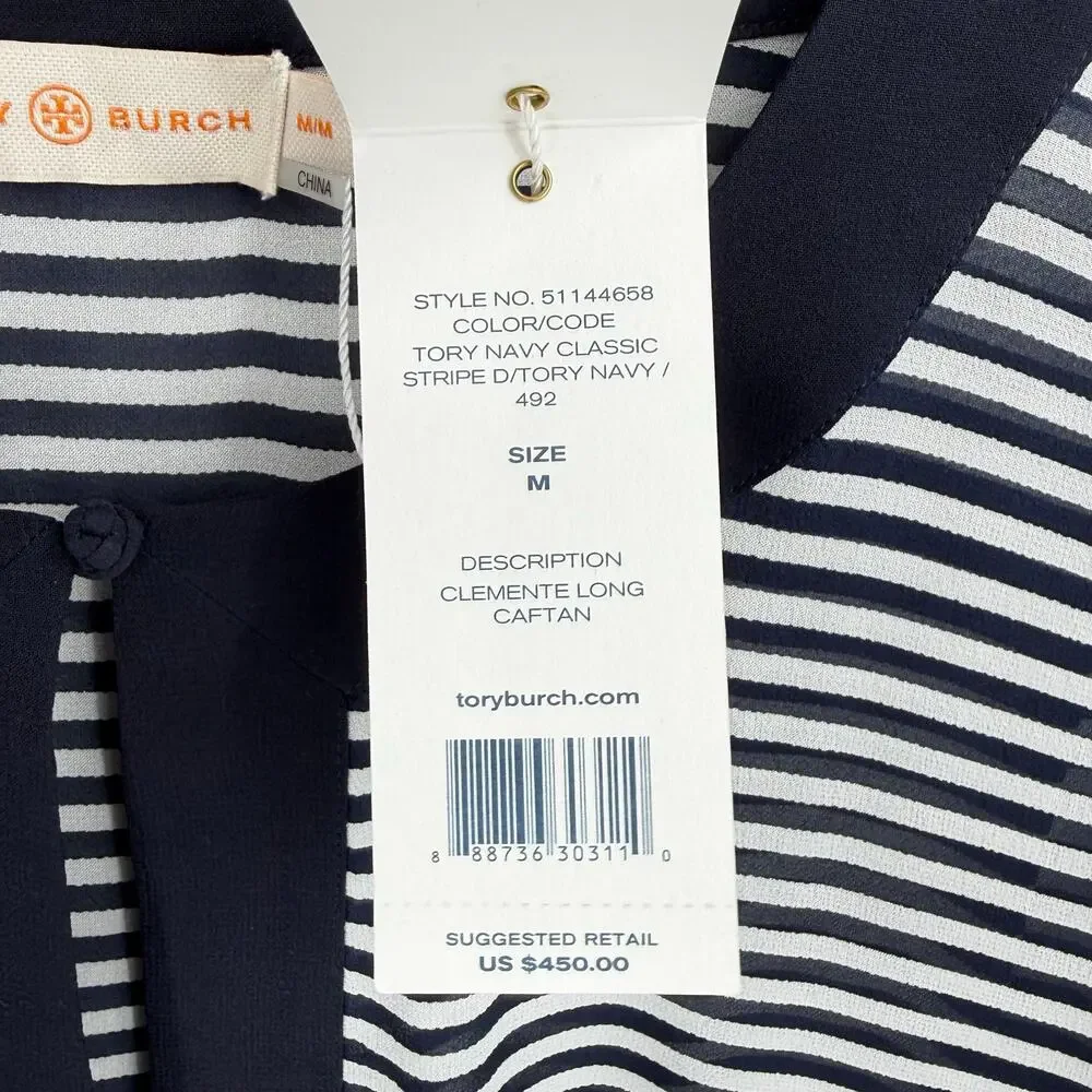 Tory Burch NWT Clemente Navy White Stripe 100% Silk Sheer Long Caftan Coverup